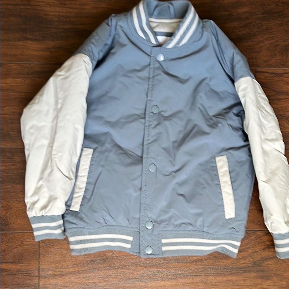 Blue and White Varsity Bomber Jacket with Ribbed Details